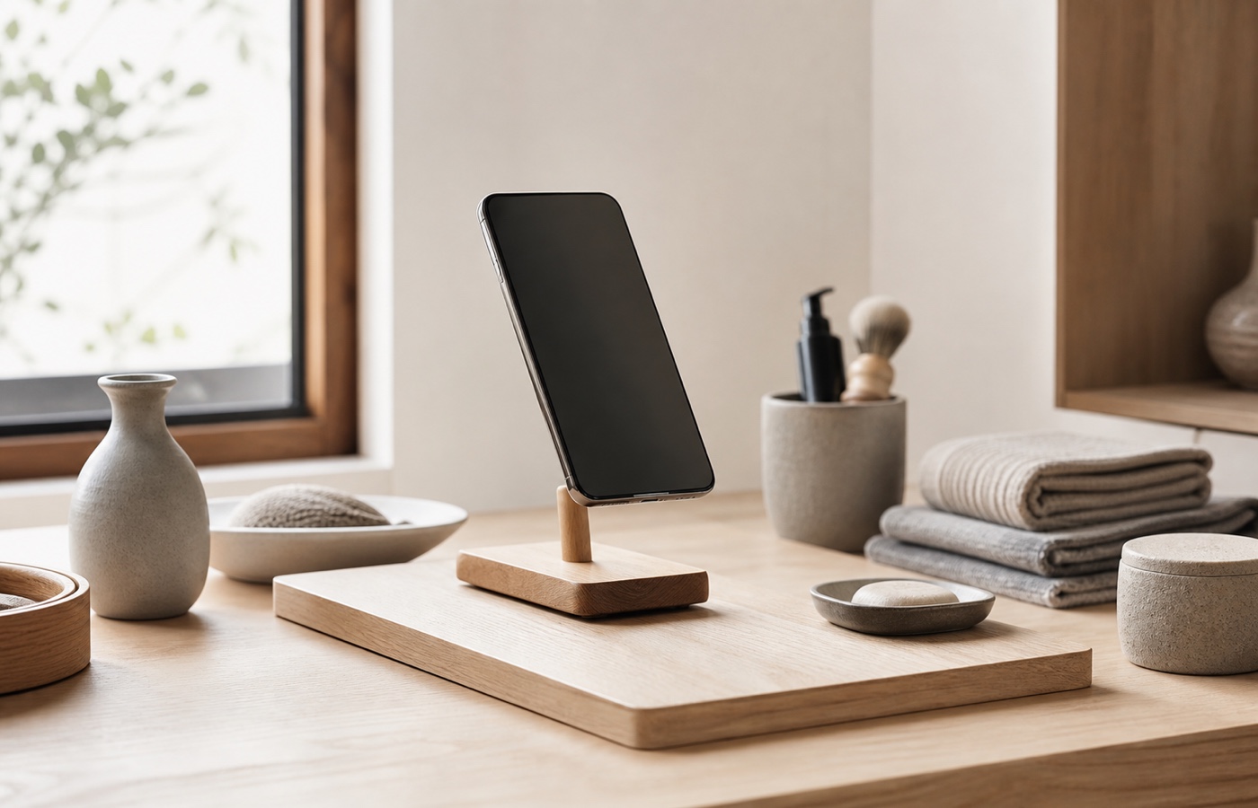 目の高さに近い木製スタンドに立てかけたスマートフォンのある明るいデスク