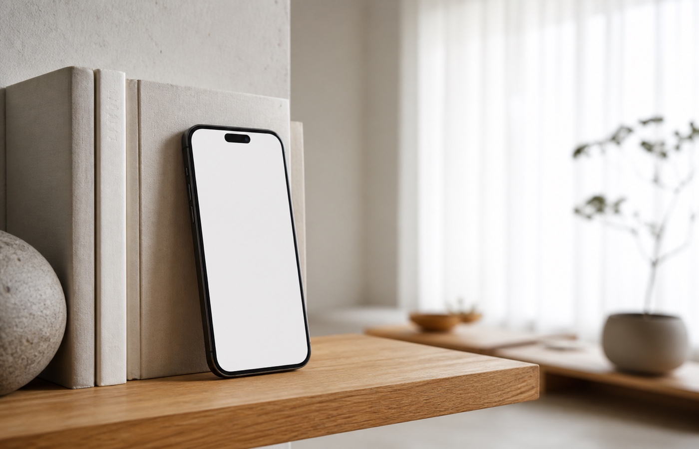 棚の上の本に立てかけられ、部屋のほうへ向けられたスマートフォン