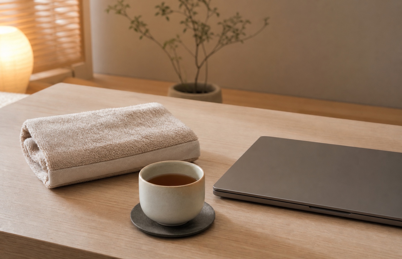 木のデスクに置かれた畳んだタオルとお茶、閉じたノートパソコン