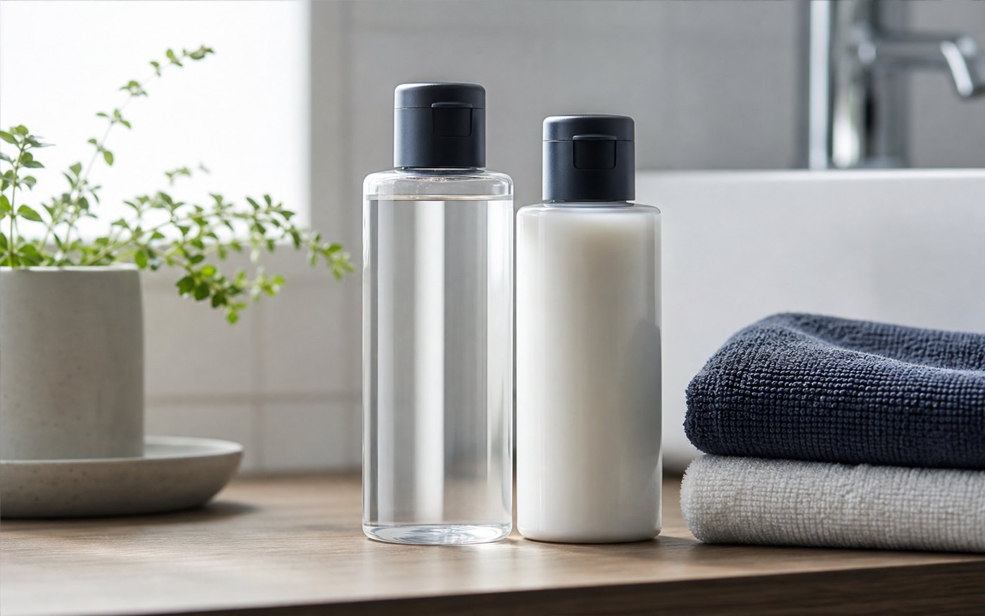 洗面台で化粧水と乳液のボトルを並べて見比べる男性